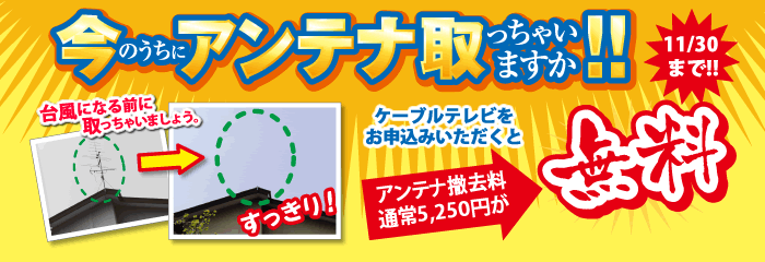 アンテナ撤去無料キャンペーン - ケーブルテレビをお申込みいただくと通常5,200円のアンテナ撤去料が今なら無料になります！