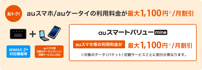 auスマートフォン「LTEフラット、ISフラット、プランF（IS）シンプルのいずれかに加入」＋Tikiモバイル WiMAX 2+「Flat au スマホ割（2年）、Flat au スマホ割（4年）、のいずれかに加入」→auへのお申込み